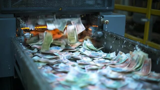 Medium shot of advanced currency sorting machine using optical sensors to identify and separate banknotes with high precision and speed.