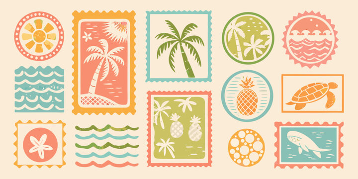 Vintage style travel stamps featuring tropical scenes and elements