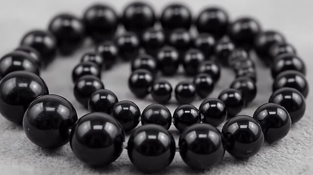 black bead necklace close-up on gray background glossy jewelry macro shot