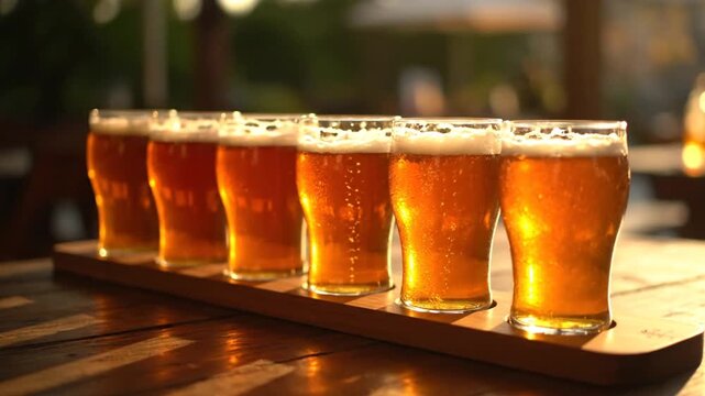 Beer flight on wooden tray with outdoor light.