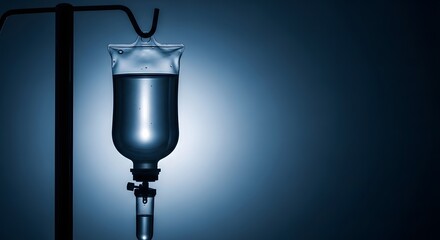 Medical drip bag with saline solution hangs from an IV stand in a dark, clinical setting with copy space