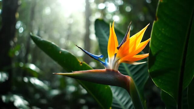 Bird of Paradise flower in lush rainforest.