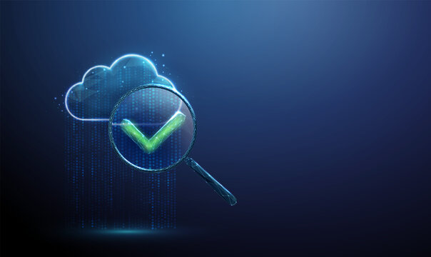 3d data cloud with flowing data stream, magnifying glass with green check mark. Successful verification, data validation, error-free analysis, verified information concept.