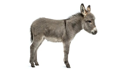 Young gray donkey standing in profile on white background isolated for design and educational materials.