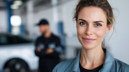 Smiling caucasian female mechanic in auto repair shop with blurred colleague