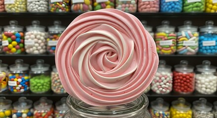 Large pink and white meringue swirl served in glass jar in front of candy store shelves filled with sweets