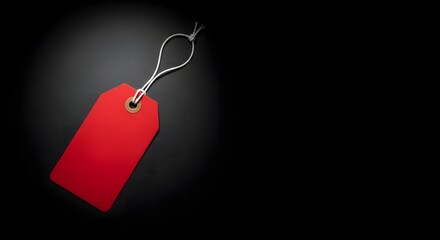 Blank red gift tag with string on dark background, ready for personalization and product labeling