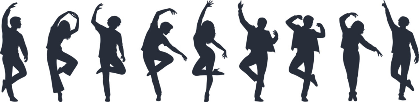 Diverse group of people in dynamic dance poses in silhouette