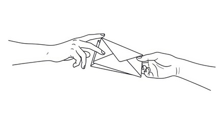Hands exchanging envelope, line art illustration of communication and message delivery