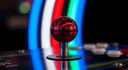 Close up vibrant red arcade joystick with reflective surface and colorful neon lights in background, retro gaming aesthetic