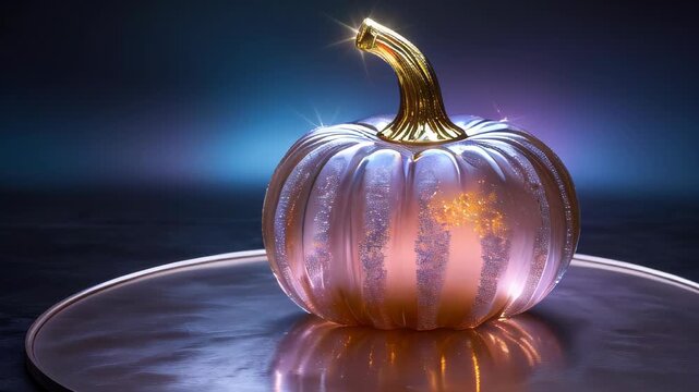 A sparkling glass pumpkin with a golden stem radiates magical shimmer while resting on a reflective surface.