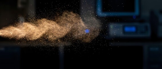 Naklejka premium Golden particle explosion with dynamic motion blur against dark blue technology background for digital effects and modern design projects.