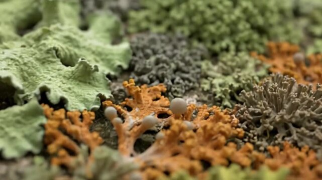 Lichen Drift on Ancient Stone Slow, wide-angle push-in on a rock covered with a dense patch of various lichen species.