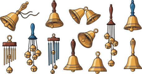 Obraz premium Diverse collection of decorative golden bells and various wind chimes are presented on a clean white background.