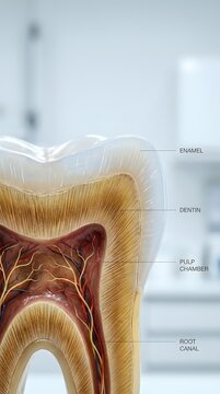 Detailed cross-section of human tooth anatomy showing enamel, dentin, pulp chamber and root canal with medical labels for dental education and healthcare materials.