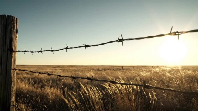 Prairie Fence Line Wide shot of a rustic fence line stretching across the vast prairie landscape, with subtle, scattered glints visible along the wires as they recede into the distance.