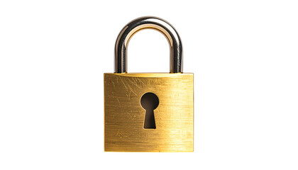 Naklejka premium Close-up of a golden padlock against a black background. Sharp details with slight wear