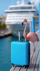 Fototapeta premium Flamingo standing beside blue suitcase on dock with cruise ship in background