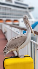 Fototapeta premium Pelican perched on yellow suitcase near cruise ship at dock