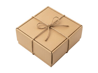 Brown cardboard gift box tied with jute string isolated on transparent background
