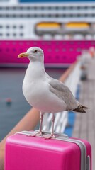Fototapeta premium Seagull perched on pink suitcase by cruise ship at dock