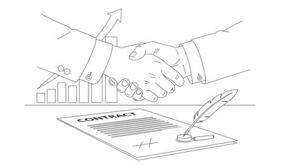 Business Handshake with Contract and Growth Chart Line Art