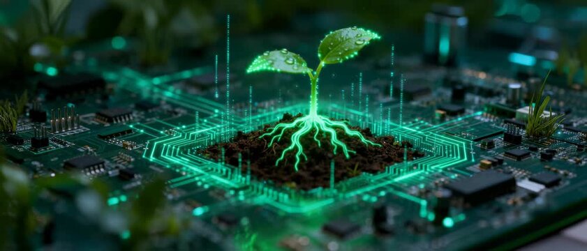 Glowing Green Plant With Roots Growing From Soil On Circuit Board, Symbolizing Tech And Nature Harmony For Sustainable Future