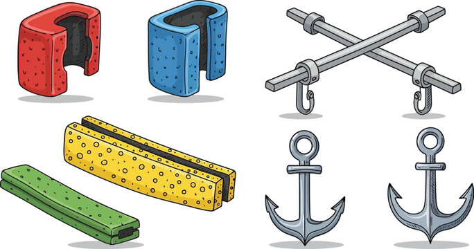 Various swimming aids and nautical equipment including foam floats and metal anchors are shown together.