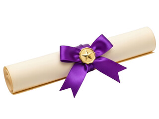 Rolled certificate with purple ribbon and star isolated on transparent background