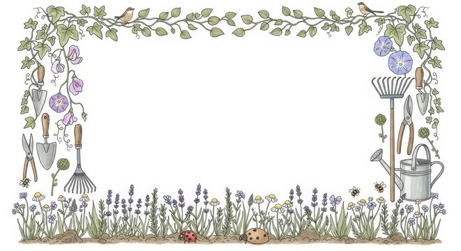 Hand-drawn Gardening Tools and Spring Floral Border Frame with Birds and Insects