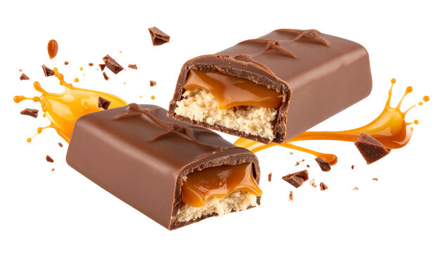 A chocolate-covered candy bar split open, revealing layers of caramel and nougat, with splash