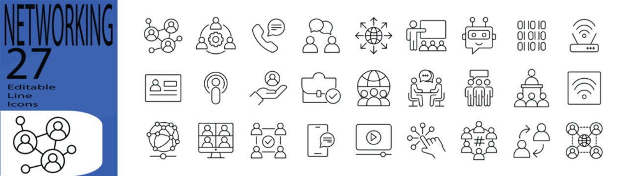 Networking icon set. Editable stroke. Vector illustration.