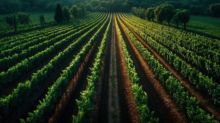 Lush vineyard rows stretch towards sunset in rolling hills