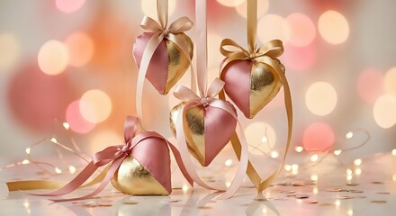 Fototapeta premium Golden heart-shaped ornaments with pink ribbons hanging against soft bokeh lights background for romantic holiday celebrations and festive decor.