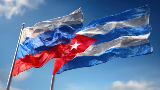 Cuban and Russian flags wave together against a clear blue sky showing a sign of friendship and cooperation between the two nations