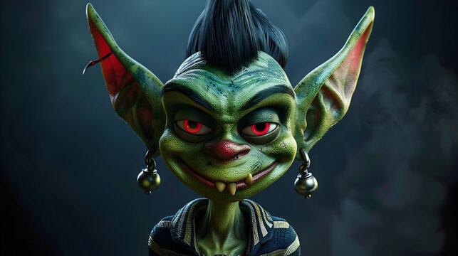 Charming cartoon goblin with large pointed ears and mischievous expression