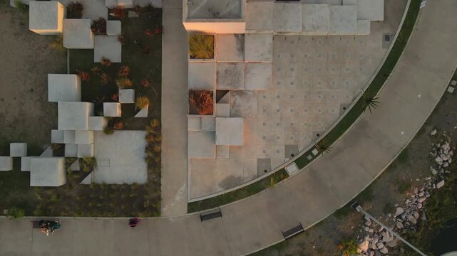 Contemporary sculptures inside Mazatlan Central Park, aerial close up of urban art installations.