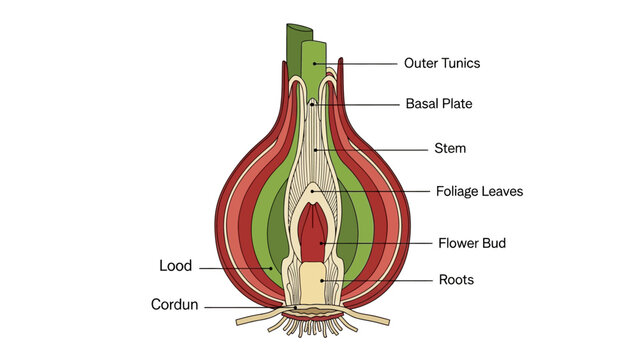 Plant Bulb Anatomy Diagram: Labeled Cross-Section of Onion Structure showing Basal Plate, Roots, Stem, Foliage Leaves, and Flower Bud