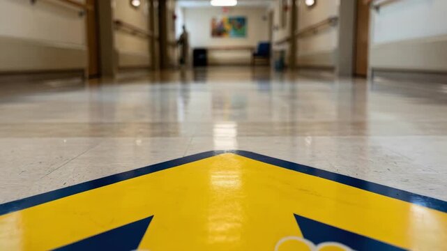 Medium shot of a brightly colored floor decal with a simple pictogram leading dementia residents along a polished corridor with the background softly blurred.
