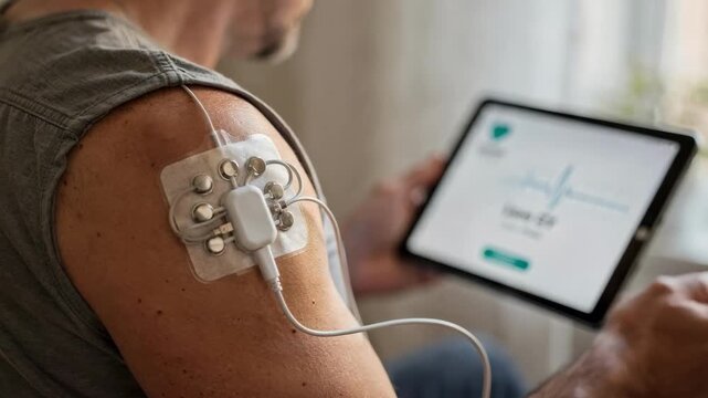 Multilead ambulatory cardiac patch adhered to chest during daily activity with the tablet app display visible focus on patch electrodes person and surroundings blurred.