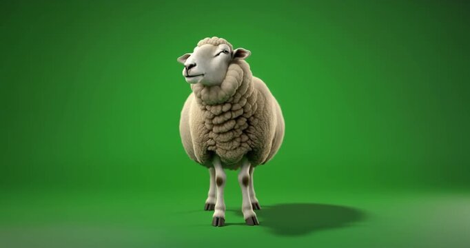 Cinematic 8K shot of a sheep standing alone on a green screen studio
