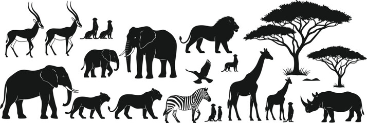 African safari animal silhouettes set, with elephant lion giraffe zebra rhino antelope birds trees isolated vector illustration on white background © Rahim 