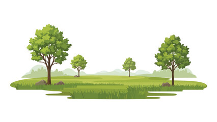 Naklejka premium Expansive verdant landscape vector with varied leafy trees dotting the serene undulating terrain, reflecting ecological harmony and peaceful outdoor