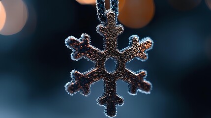Fototapeta premium Sparkling snowflake ornament with frost crystals hanging against blurred bokeh lights background for winter holiday decorations and festive celebrations.