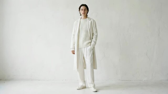 Caucasian man in cloud dancer coat, sweater, and pants slowly turns to face camera, concept of minimalist fashion and style