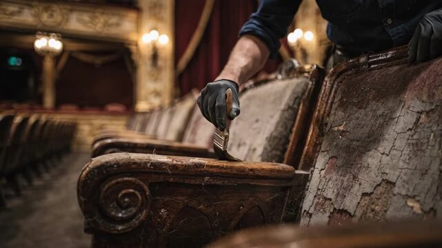 Focused shot of restoration worker applying fresh paint to vintage theater seats dim ambient lighting enhancing textures and blurred ornate proscenium details.