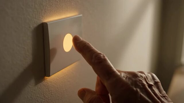 Finger pressing smart home light switch on wall, modern technology, automation.