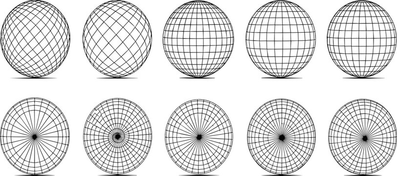 Spherical grid mesh variations, top and polar views, 3D modeling, wireframe sphere structures, coordinate systems, geometric visualization, computer graphics, mapping design