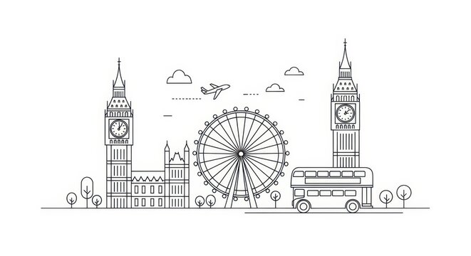 London City Skyline Line Art Illustration with Big Ben, London Eye, and Double-Decker Bus