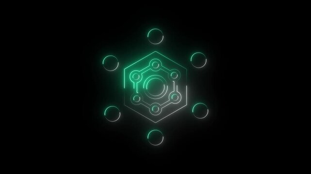 A glowing neon hexagon symbol with connecting circles, representing a futuristic network or technology, set against a dark, abstract background with a green hue.